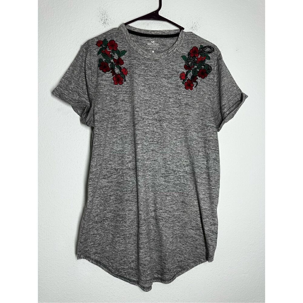 Hollister Womens Rose T Shirt Curved Hem Gray Size L